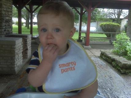 Smarty pants eating his lunch at a rest stop